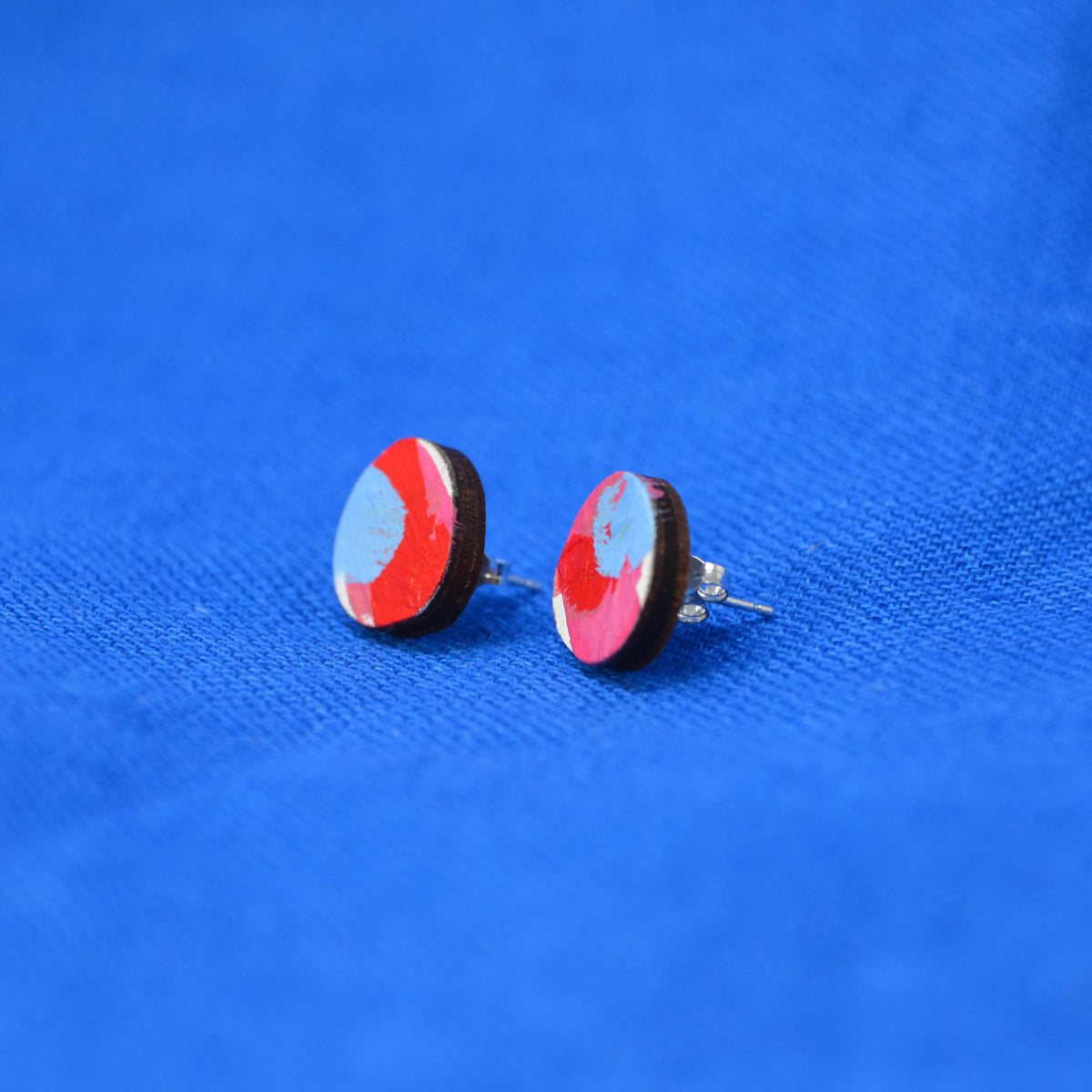 Hand Painted Wooden Organic Circle Stud Earrings 2