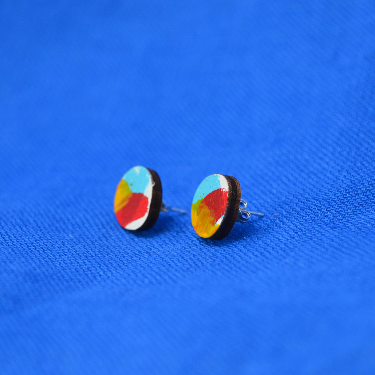 Hand Painted Wooden Organic Circle Stud Earrings 6