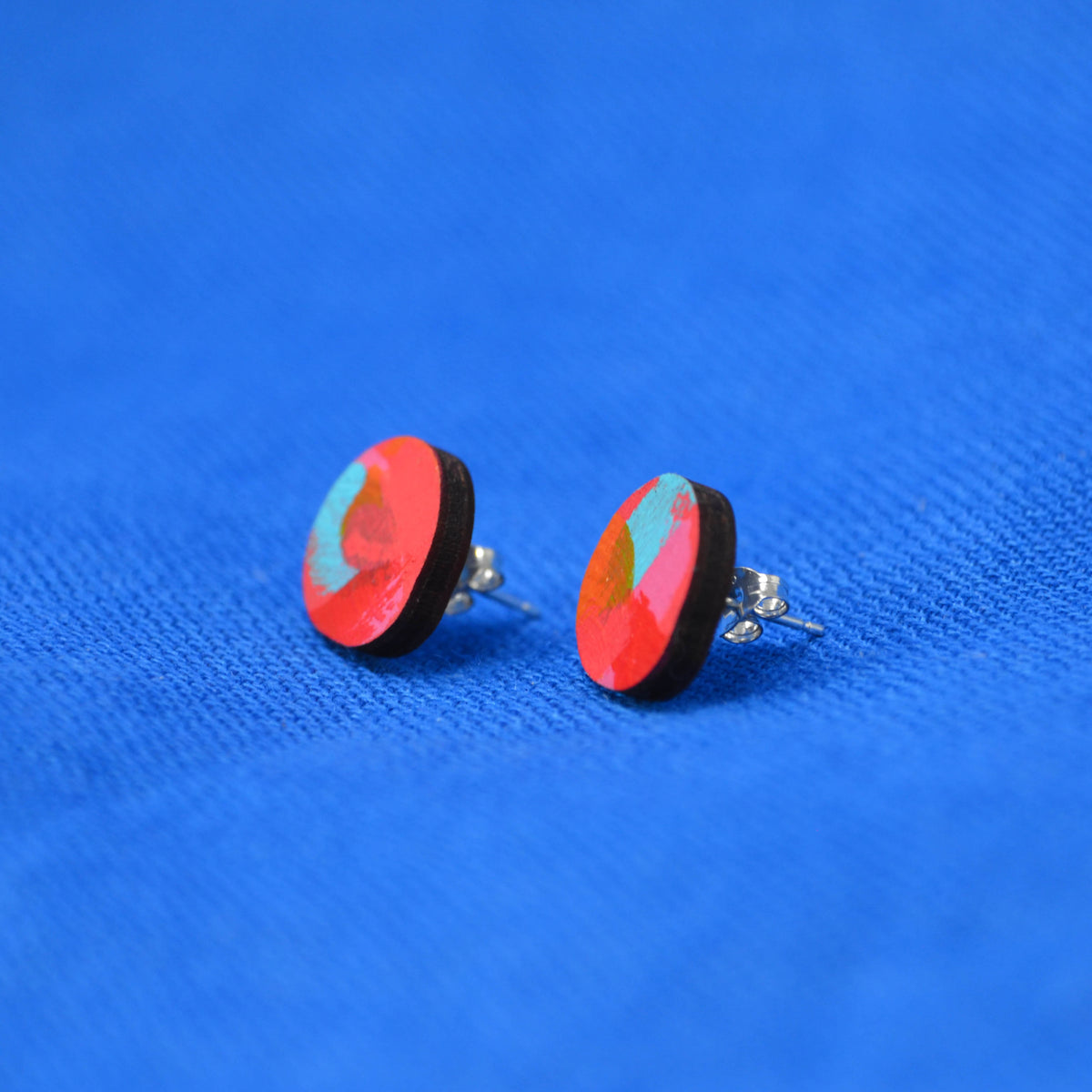 Hand Painted Wooden Organic Circle Stud Earrings 11