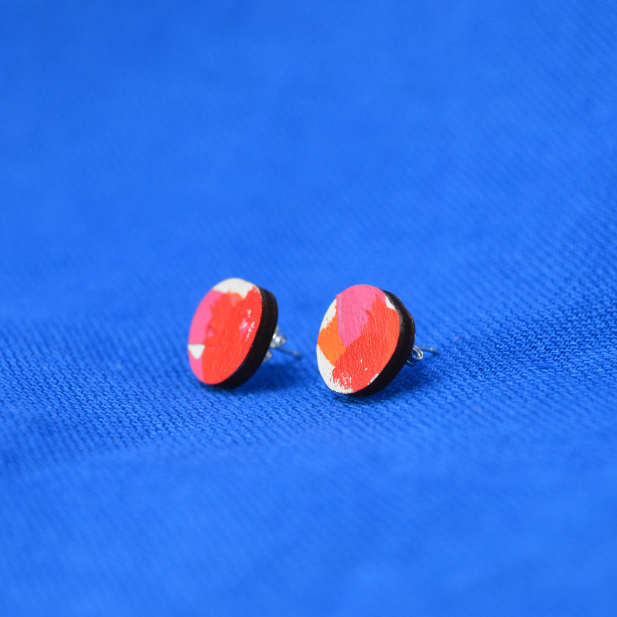 Hand Painted Wooden Organic Circle Stud Earrings 1