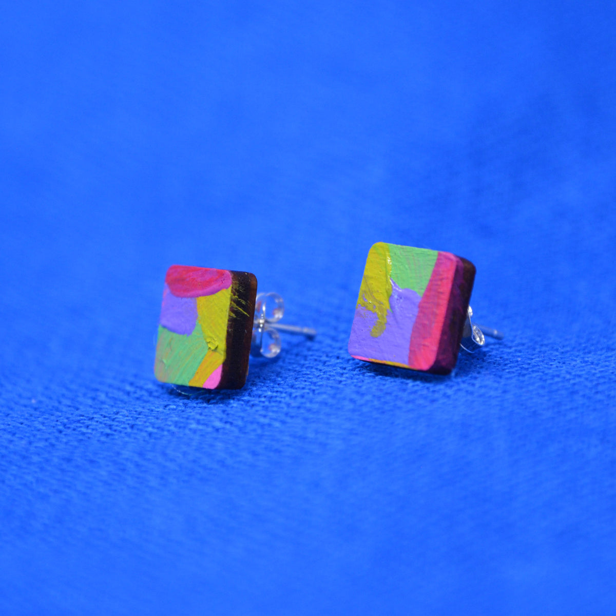 Hand Painted Wooden Stud Square Earrings 2
