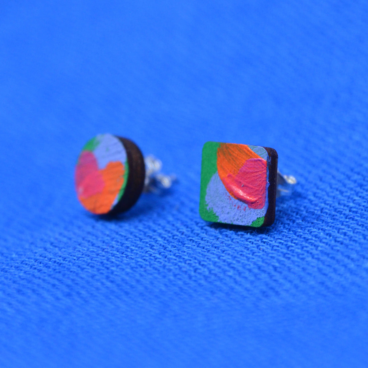 Hand Painted Wooden Stud Square and Circle Duo Earrings 2