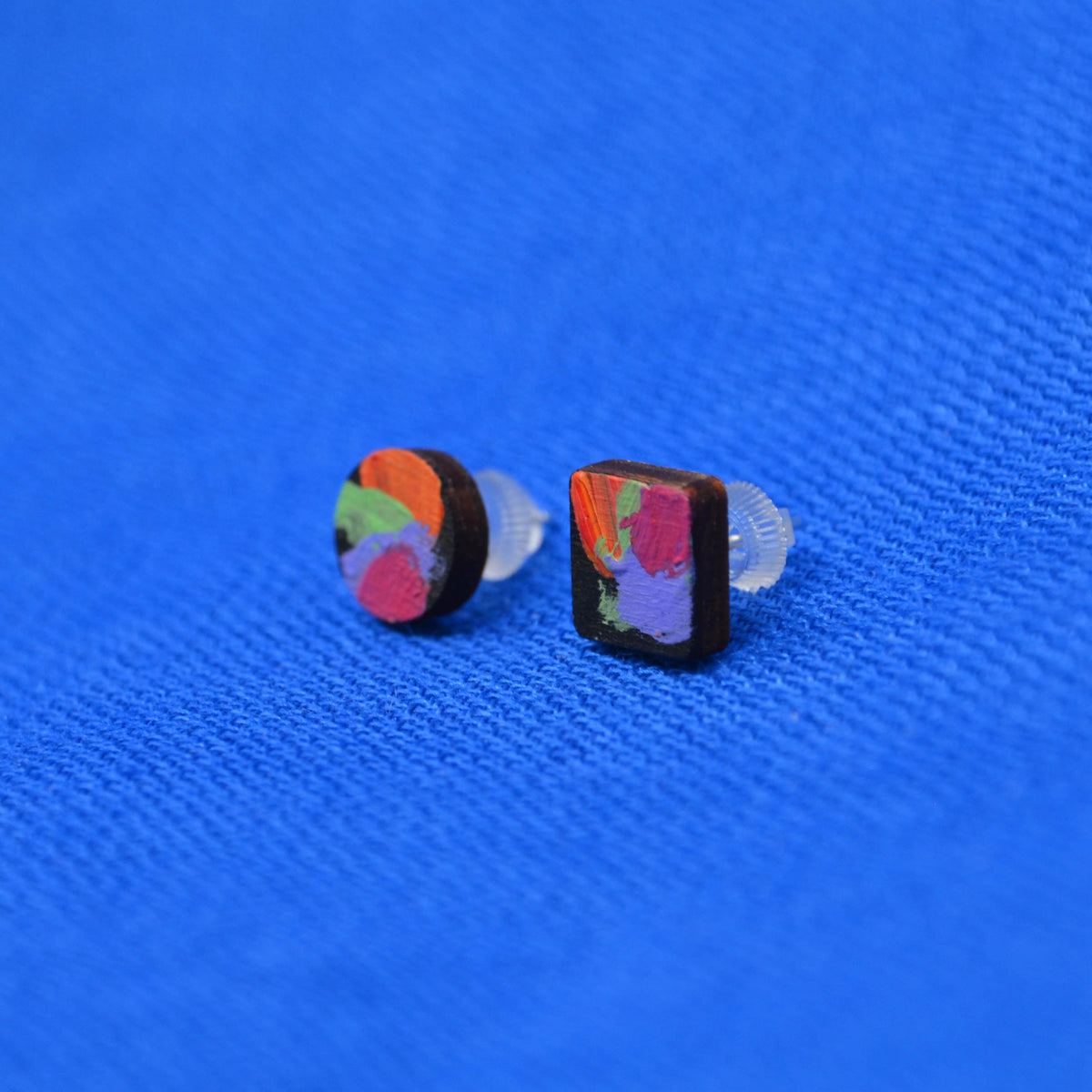 Hand Painted Wooden Stud Square and Circle Duo Earrings 1
