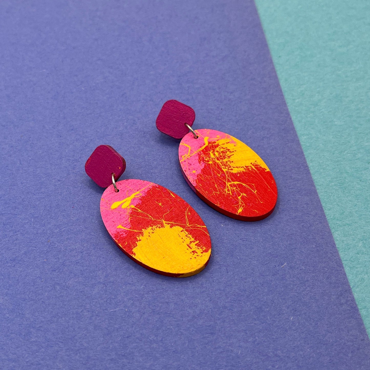 Colourful wooden statement earrings in pink, red and yellow