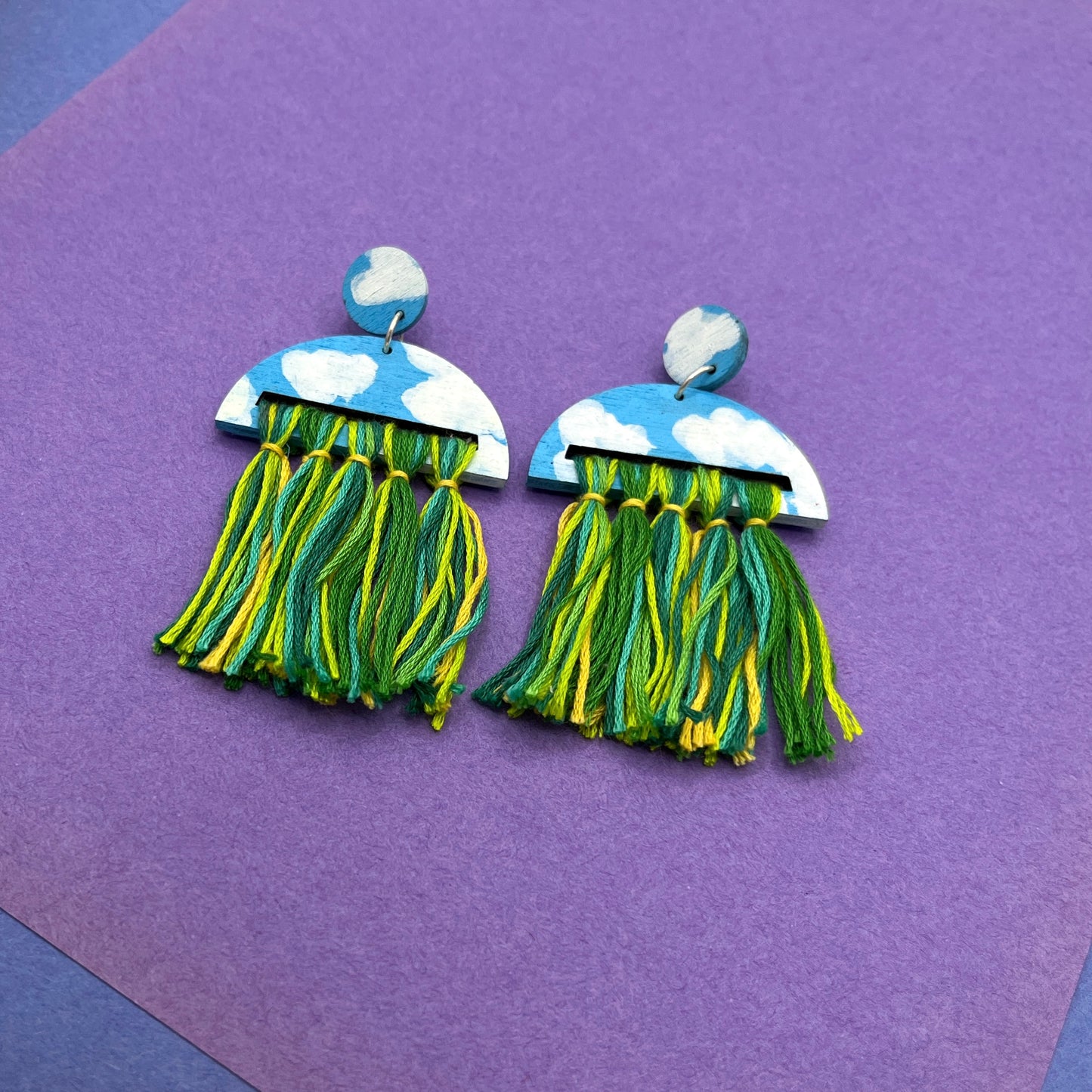 Hand Painted Wooden Statement Earrings with Tassels 13