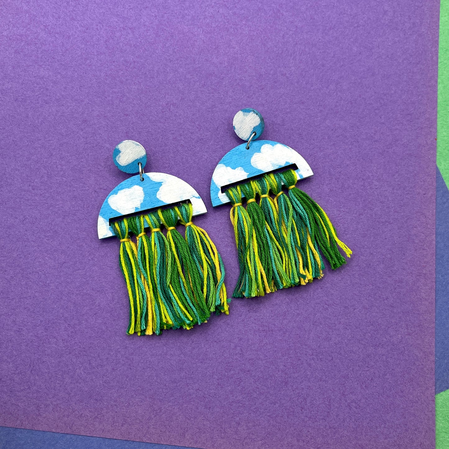 Hand Painted Wooden Statement Earrings with Tassels 13