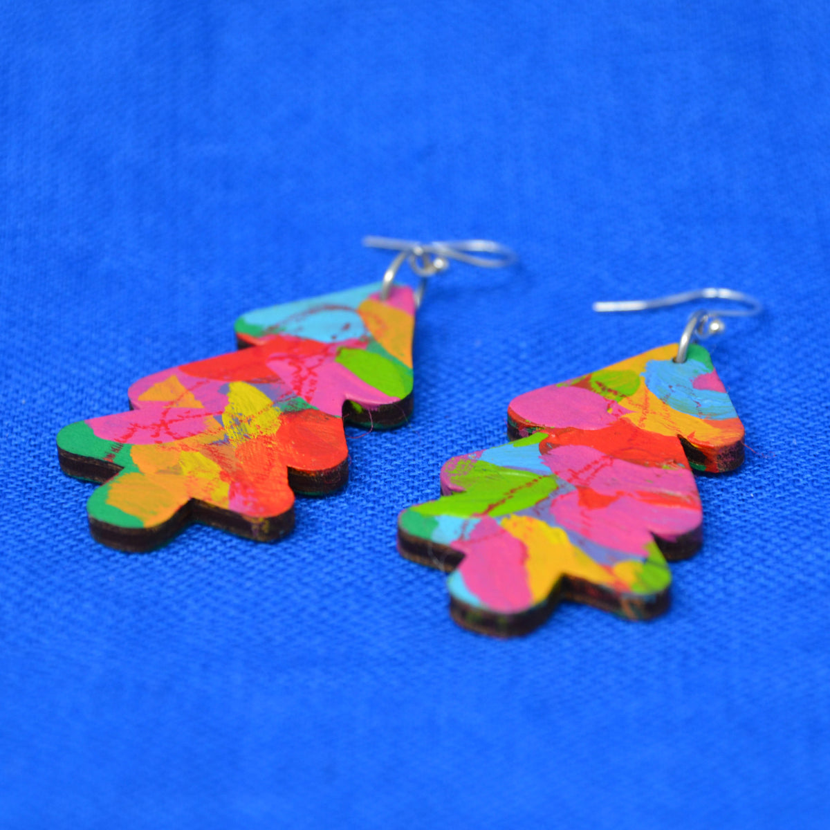 Hand Painted Wooden Dangle Hook Statement Earrings 11
