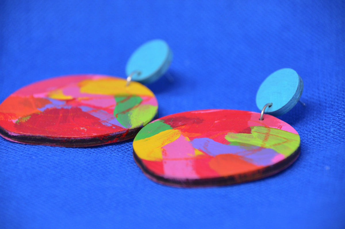 Hand Painted Wooden Dangle Stud Statement Earrings 27