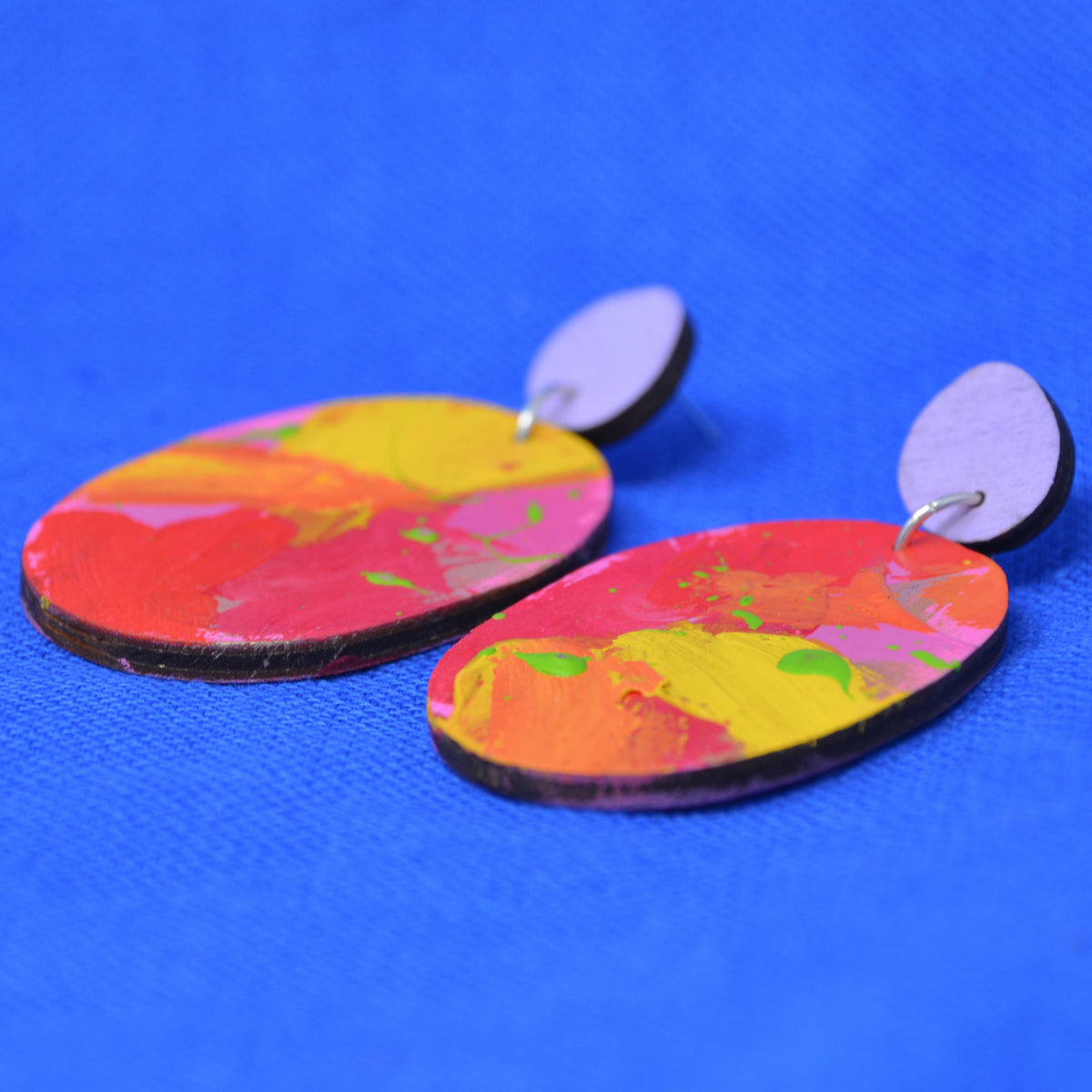 Hand Painted Wooden Dangle Stud Statement Earrings 28
