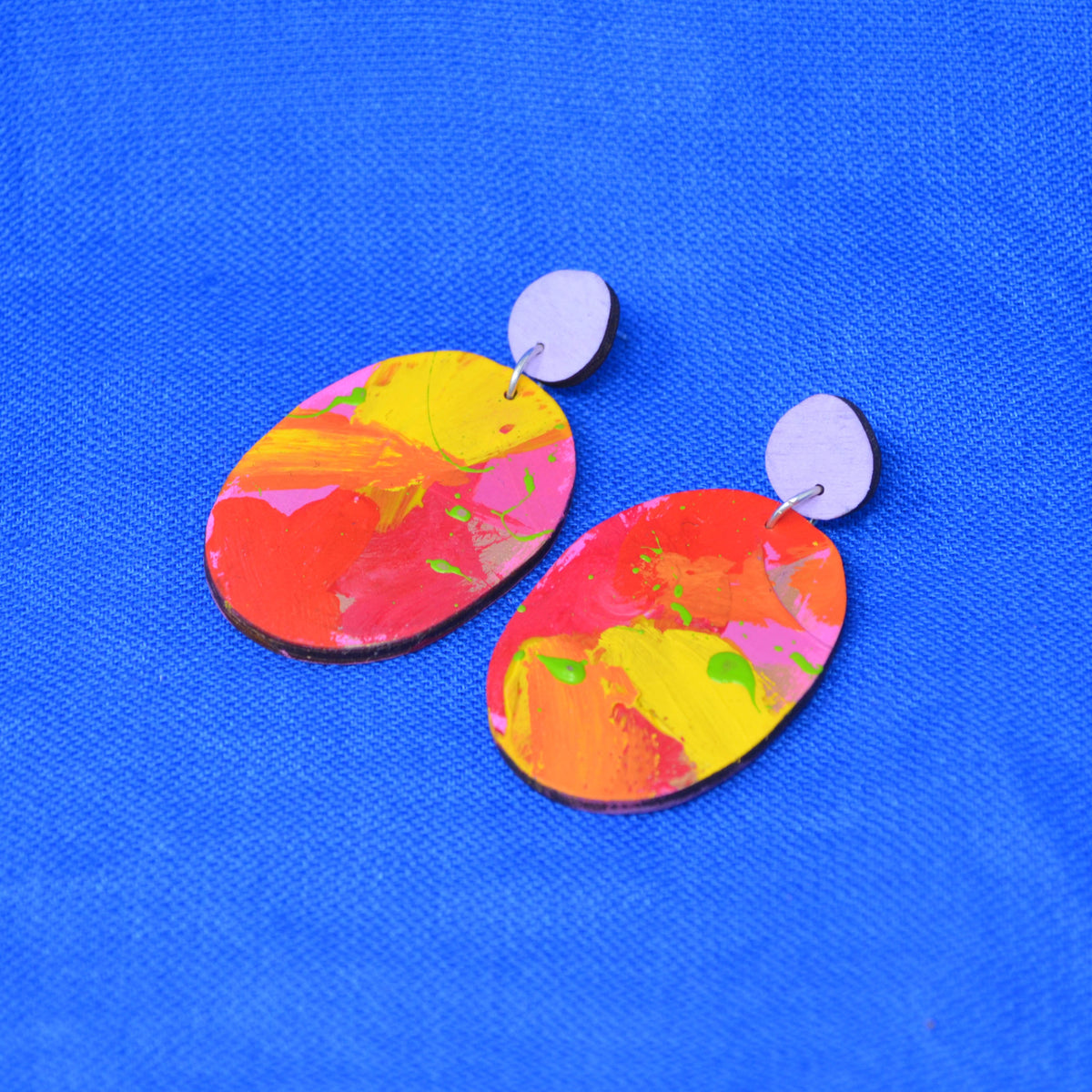 Hand Painted Wooden Dangle Stud Statement Earrings 28