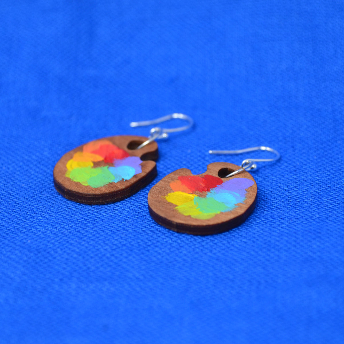 Hand Painted Wooden Dangle Hook Mini Paint Palette Statement Earrings 12