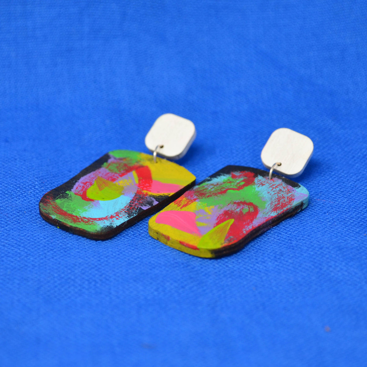 Hand Painted Wooden Dangle Stud Statement Earrings 30