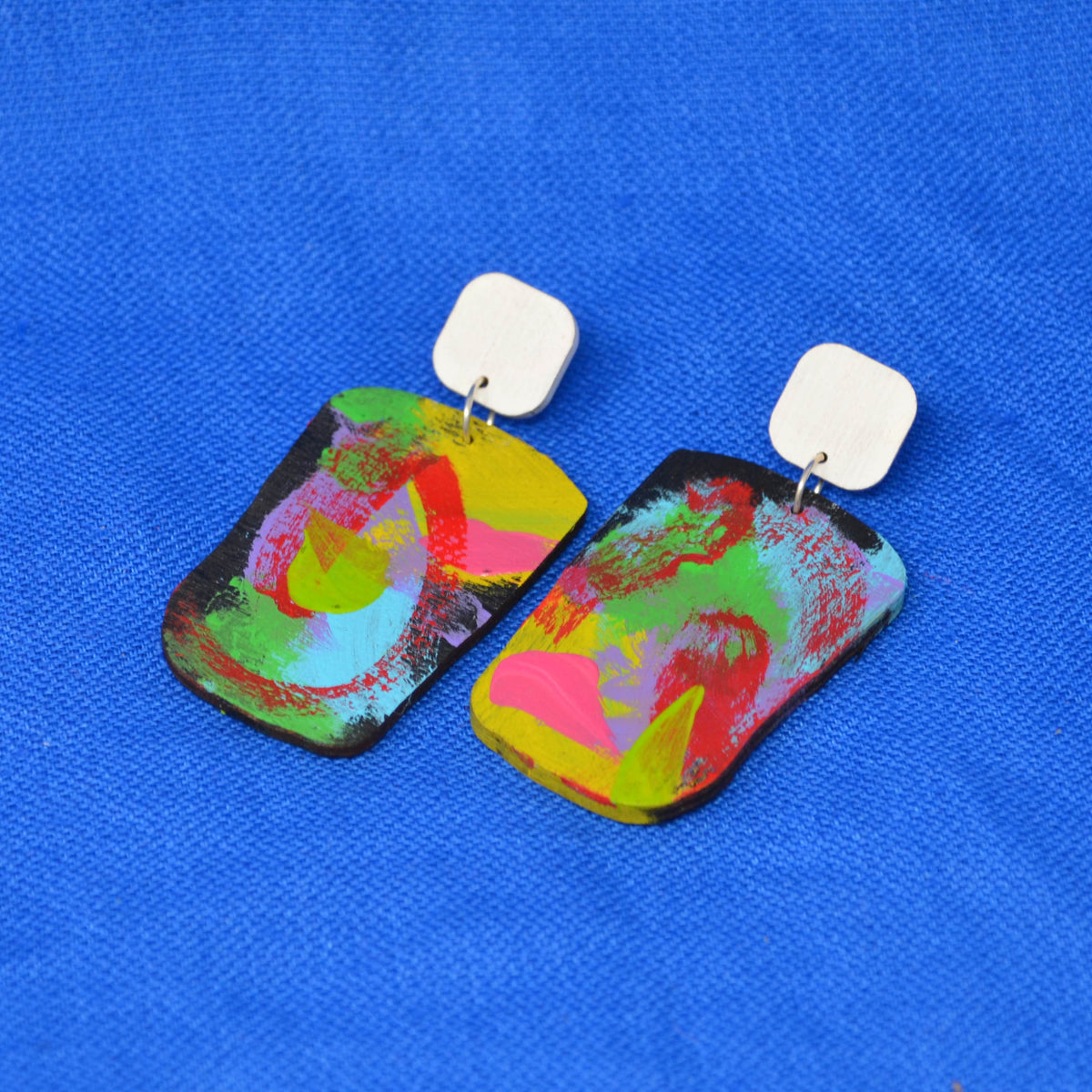 Hand Painted Wooden Dangle Stud Statement Earrings 30