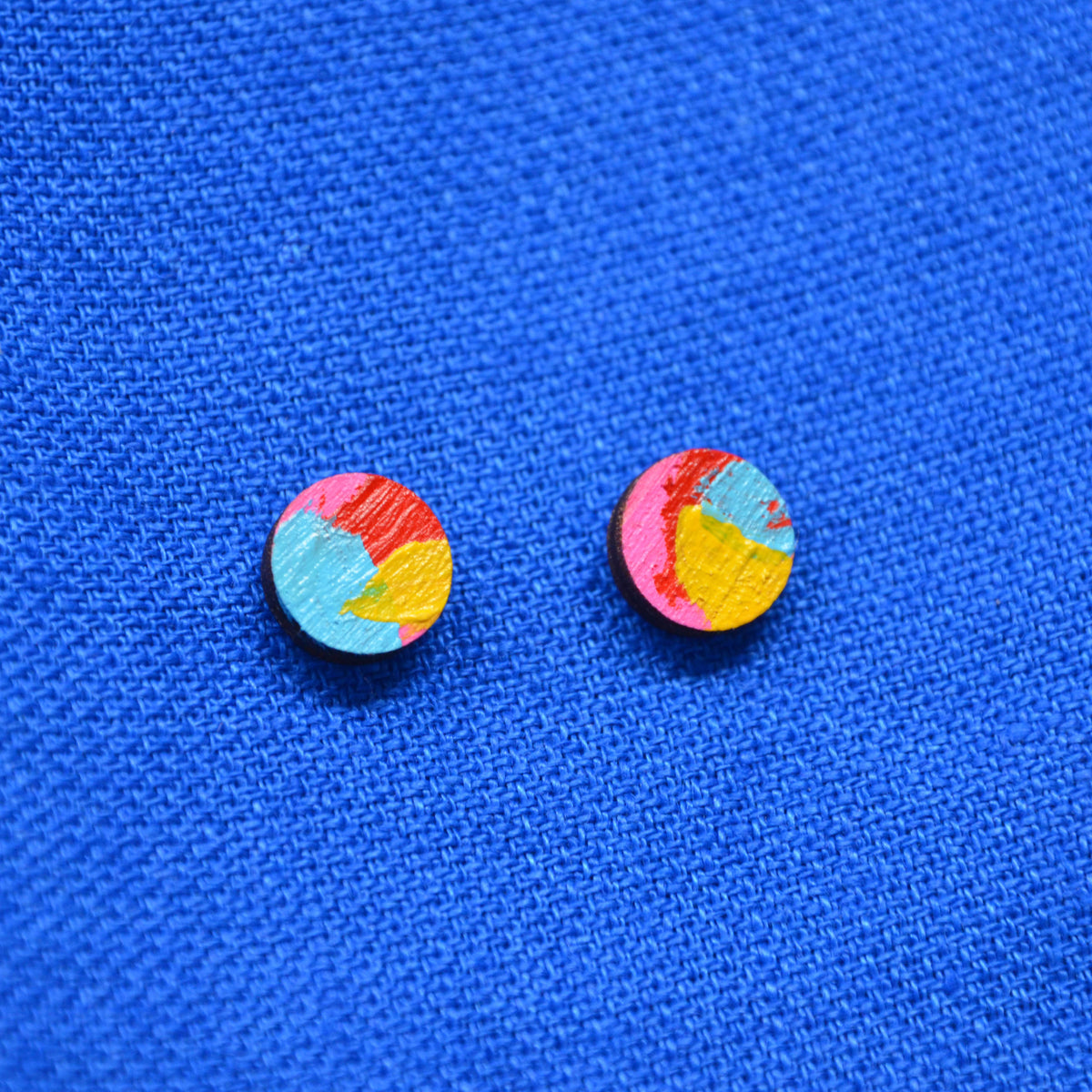 Hand Painted Wooden Small Circle Stud Earrings 2