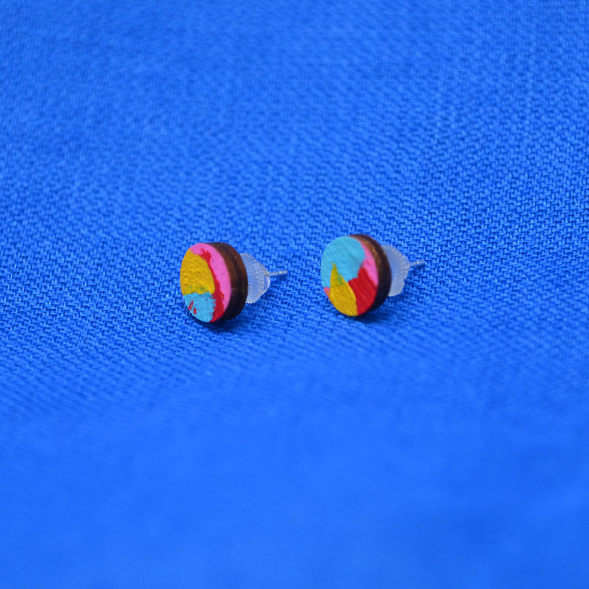 Hand Painted Wooden Small Circle Stud Earrings 2