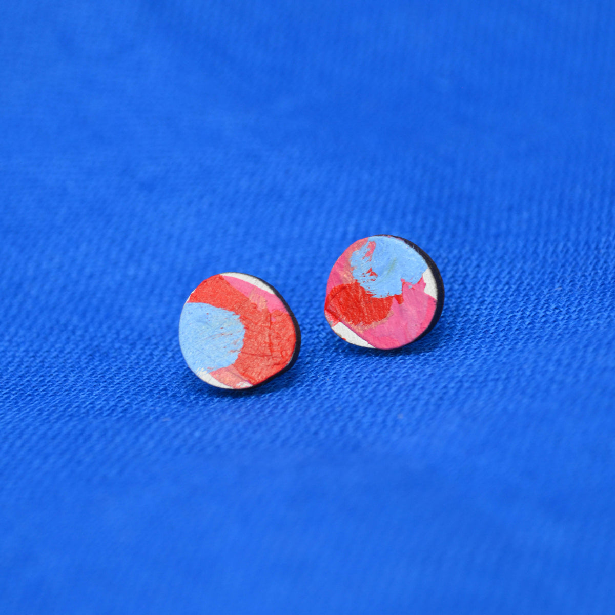 Hand Painted Wooden Organic Circle Stud Earrings 2