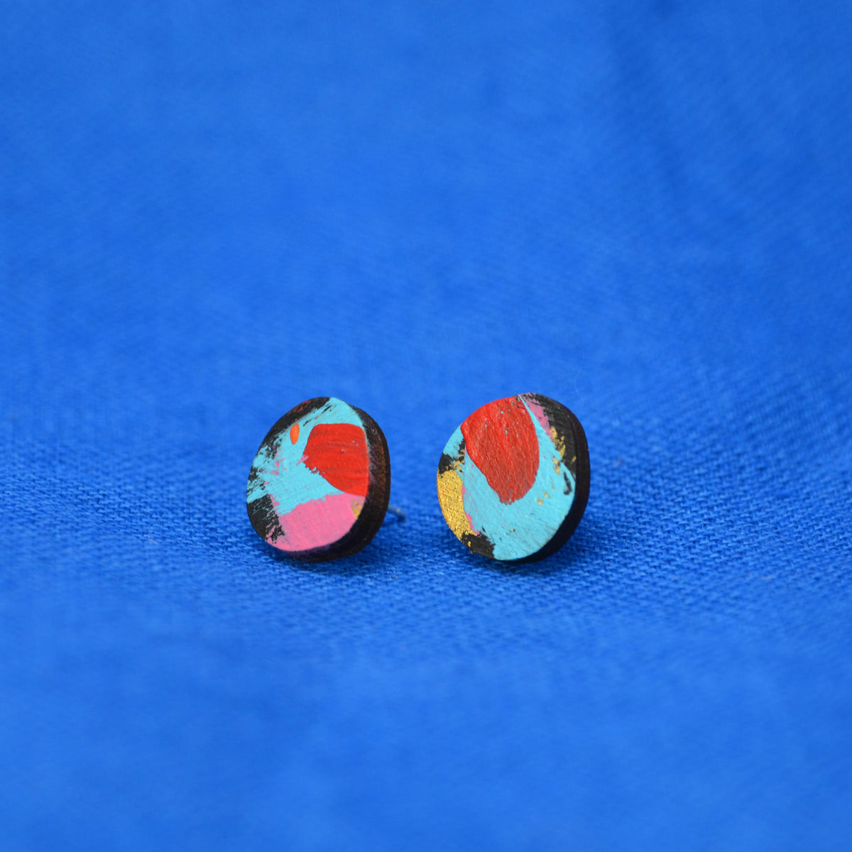 Hand Painted Wooden Organic Circle Stud Earrings 3