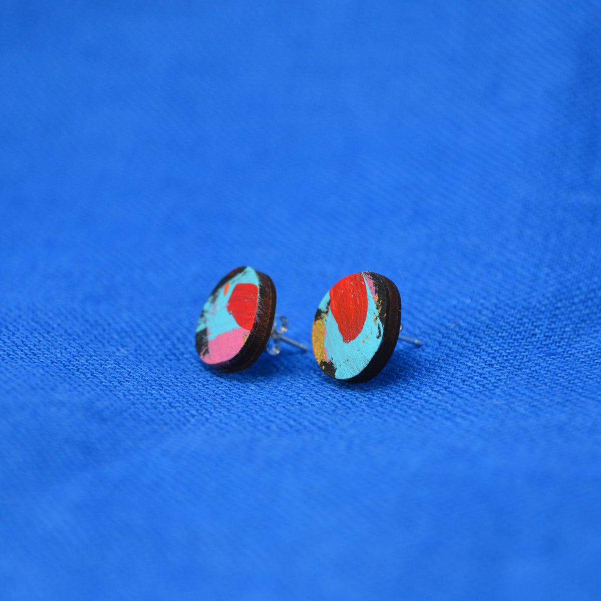 Hand Painted Wooden Organic Circle Stud Earrings 3