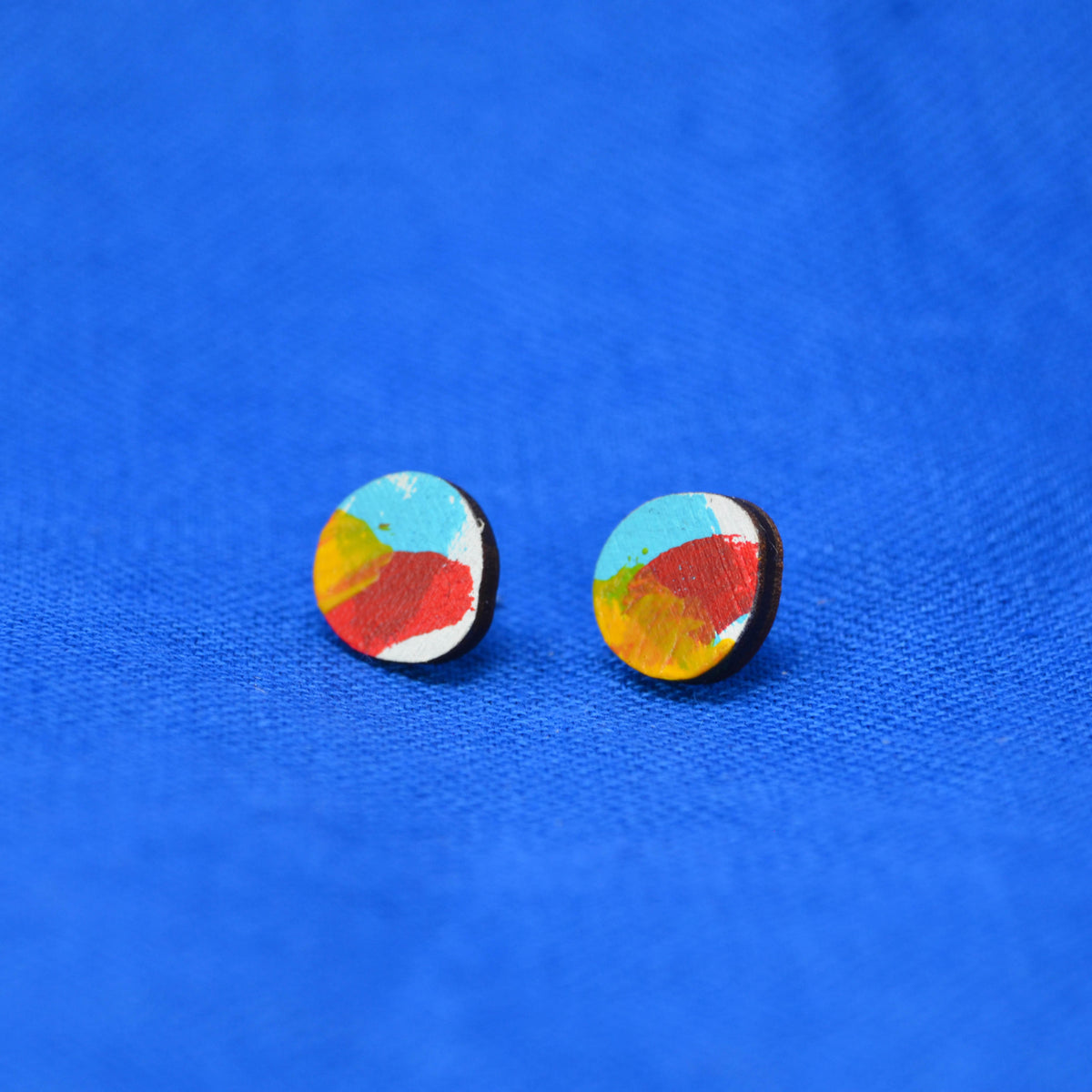 Hand Painted Wooden Organic Circle Stud Earrings 6