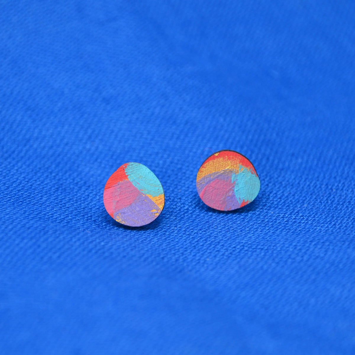 Hand Painted Wooden Organic Circle Stud Earrings 12