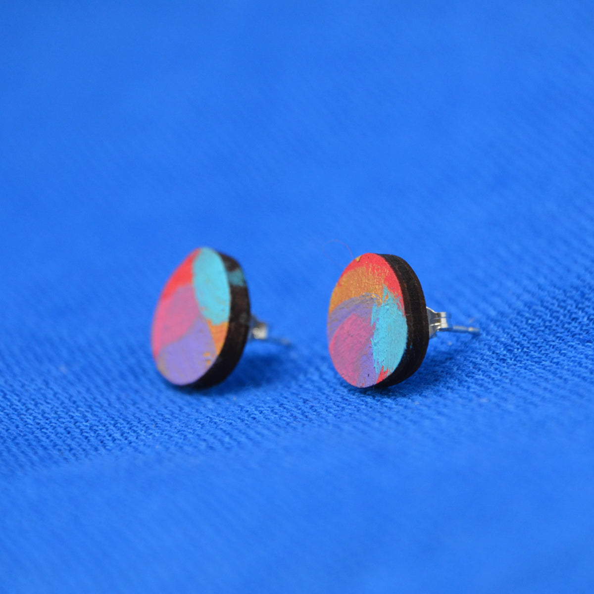 Hand Painted Wooden Organic Circle Stud Earrings 12