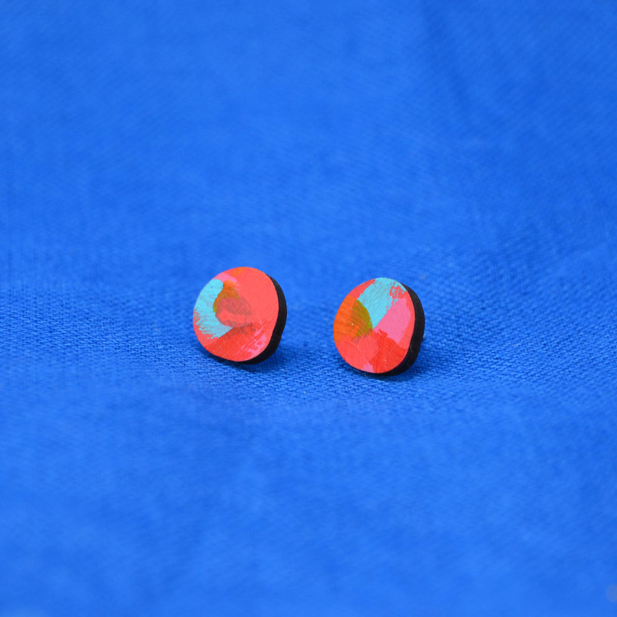 Hand Painted Wooden Organic Circle Stud Earrings 11