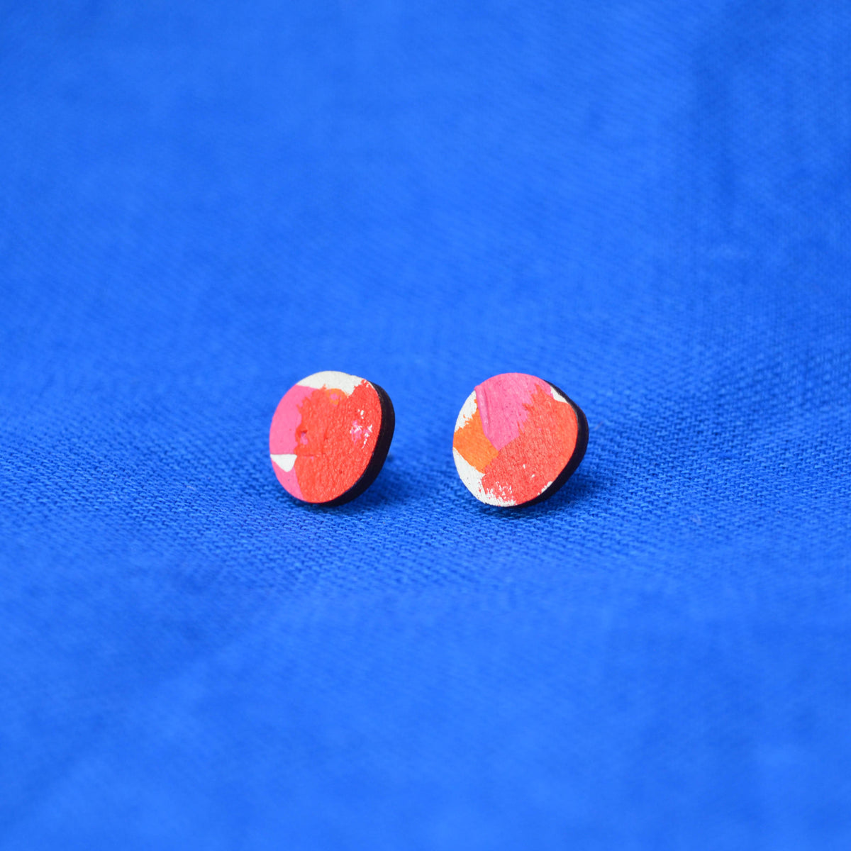 Hand Painted Wooden Organic Circle Stud Earrings 1