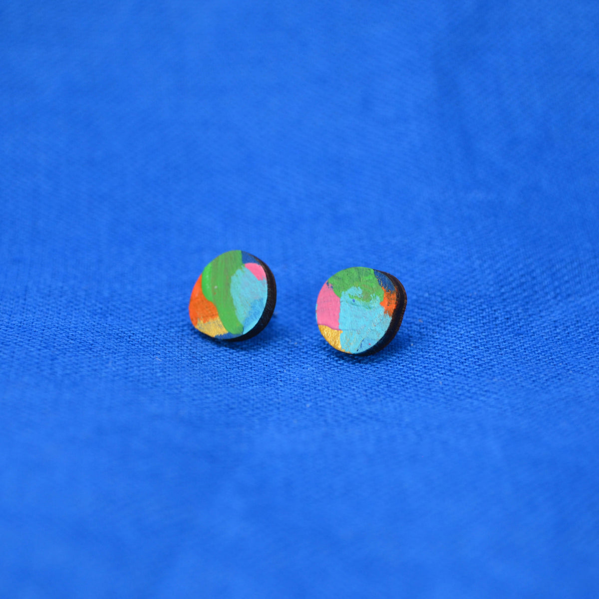 Hand Painted Wooden Organic Circle Stud Earrings 9