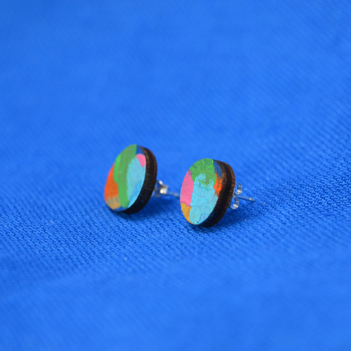 Hand Painted Wooden Organic Circle Stud Earrings 9