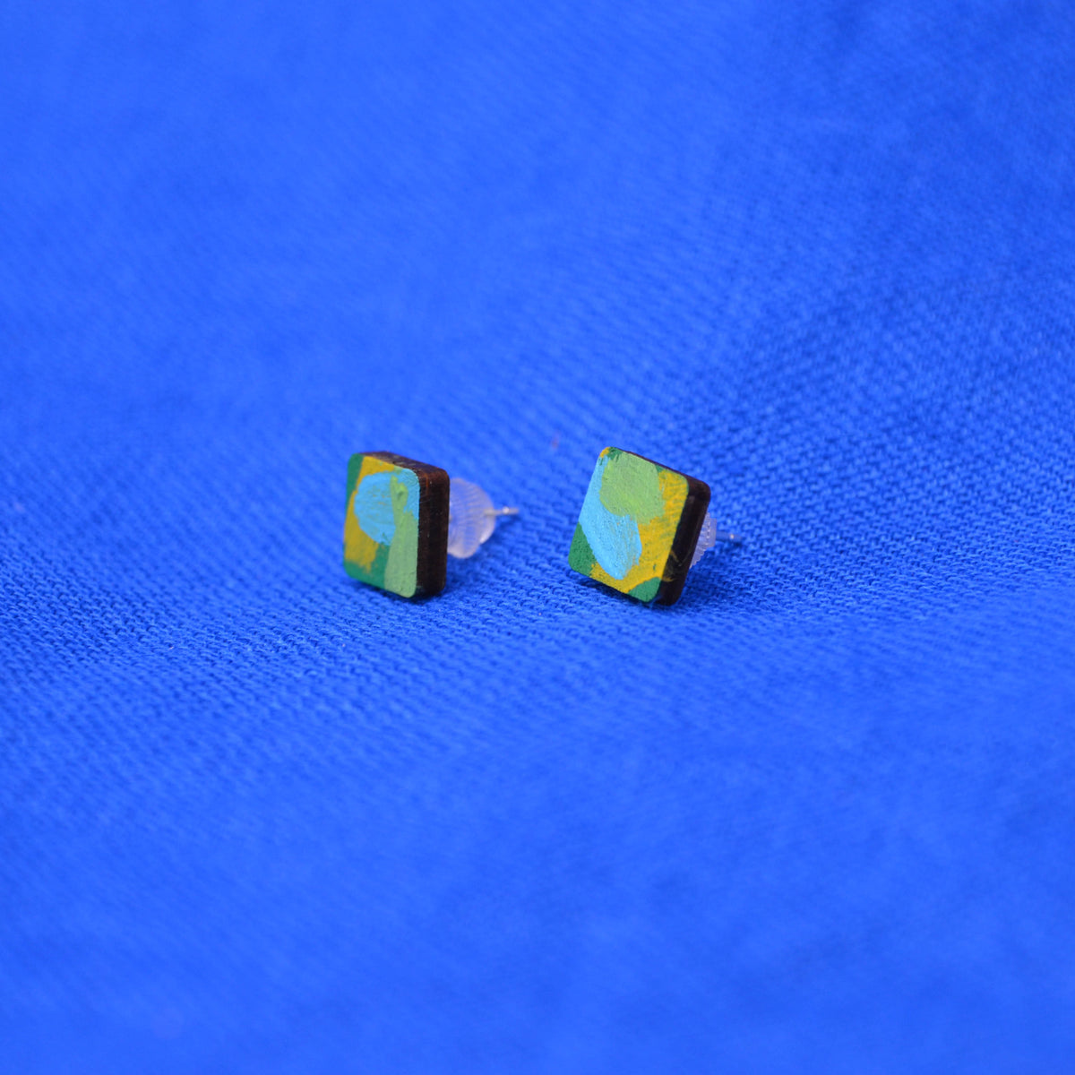 Hand Painted Wooden Stud Square Earrings 8