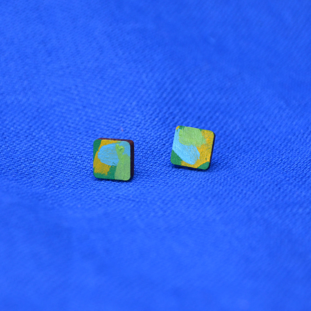 Hand Painted Wooden Stud Square Earrings 8