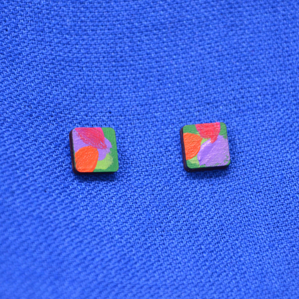 Hand Painted Wooden Stud Square Earrings 7
