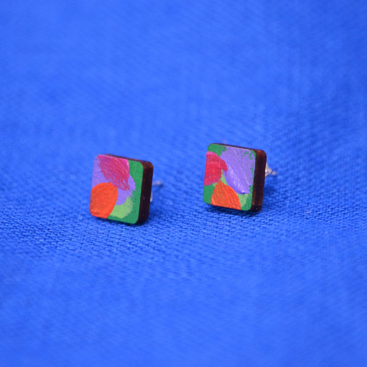 Hand Painted Wooden Stud Square Earrings 7