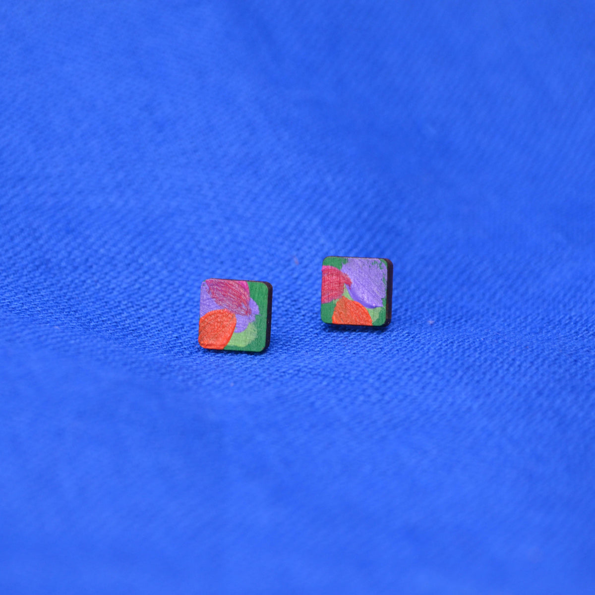 Hand Painted Wooden Stud Square Earrings 7