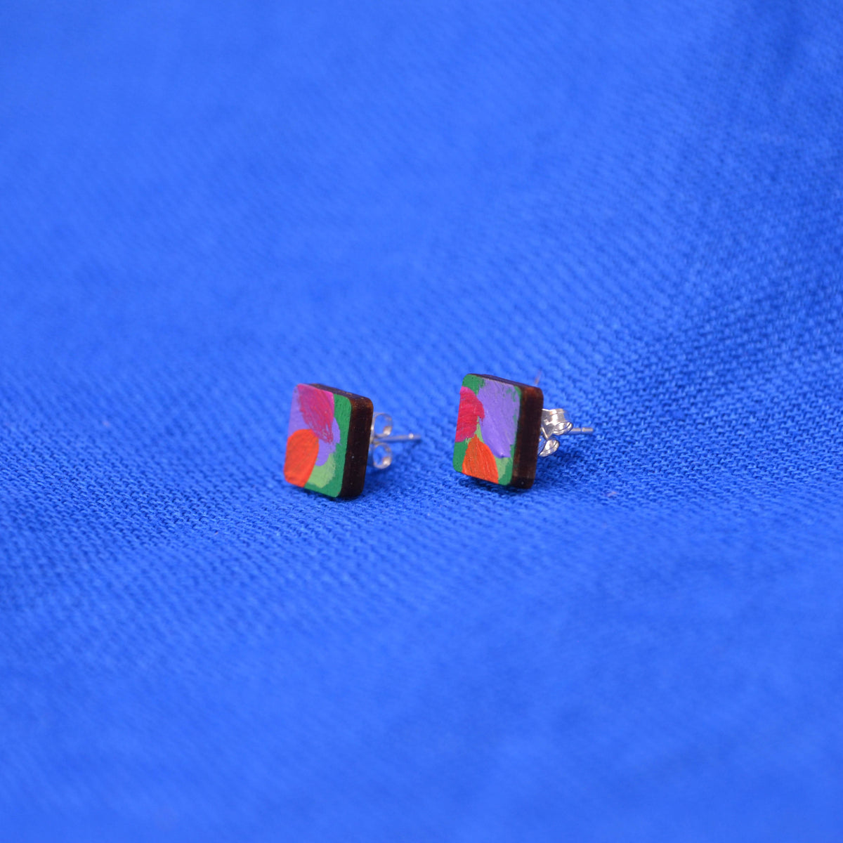Hand Painted Wooden Stud Square Earrings 7