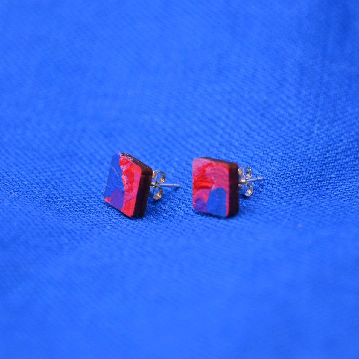 Hand Painted Wooden Stud Square Earrings 4