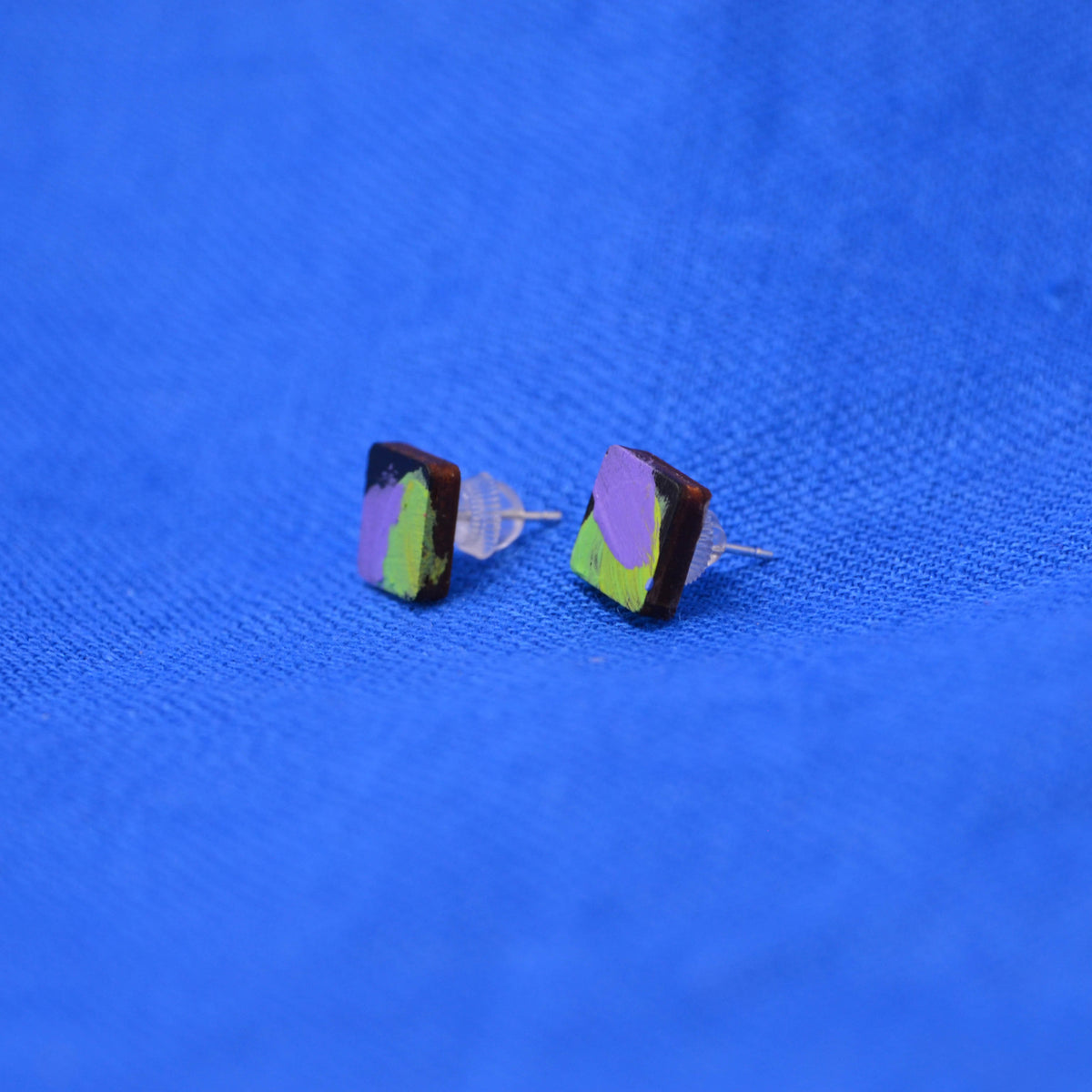 Hand Painted Wooden Stud Square Earrings 6