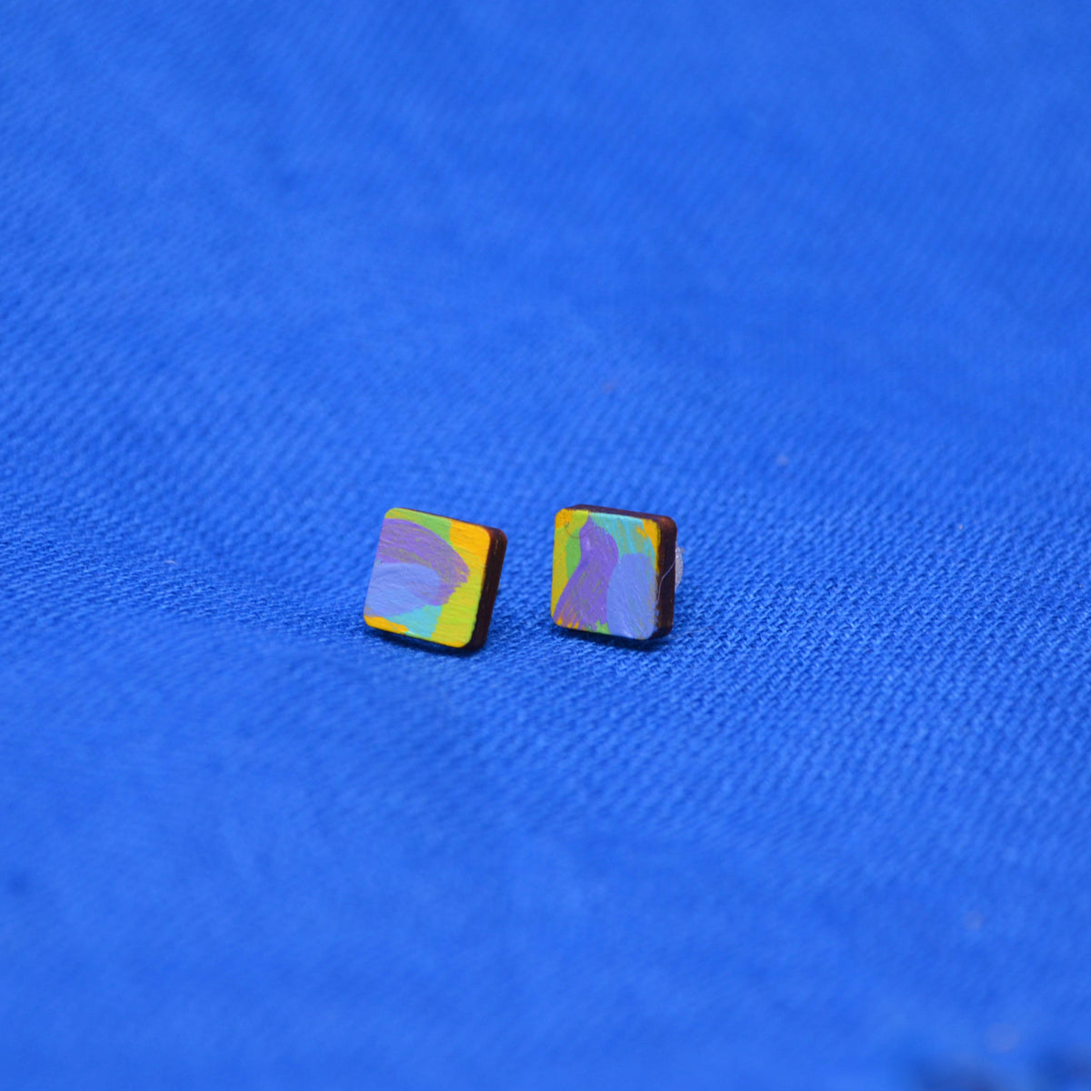 Hand Painted Wooden Stud Square Earrings 10