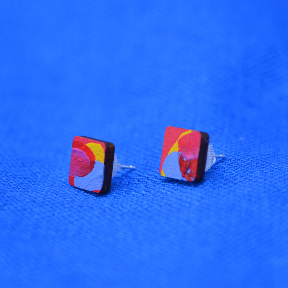 Hand Painted Wooden Stud Square Earrings 3