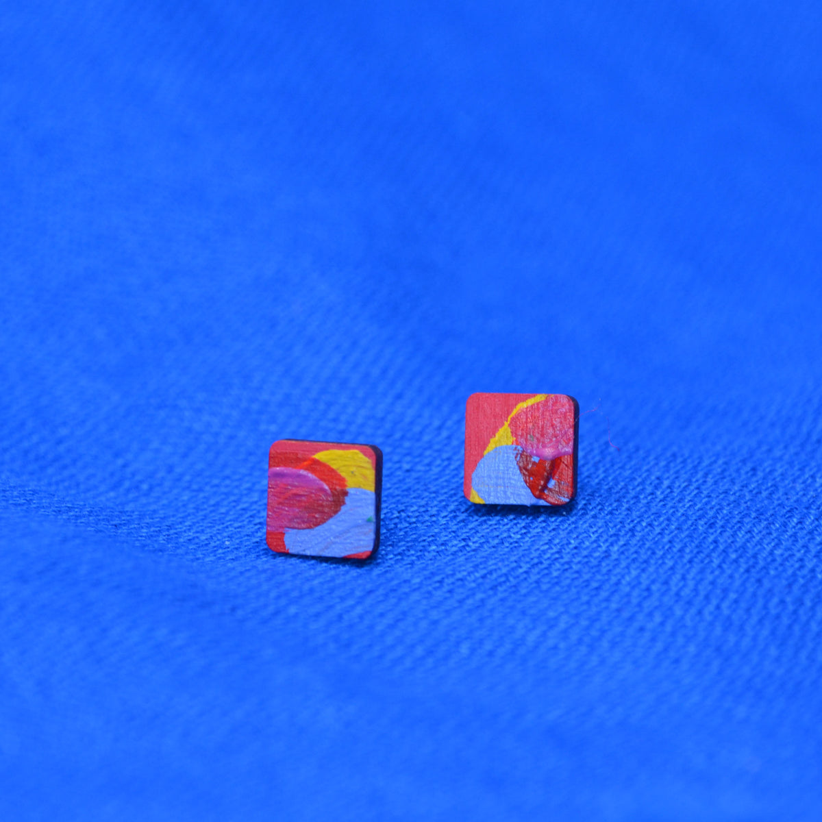 Hand Painted Wooden Stud Square Earrings 3