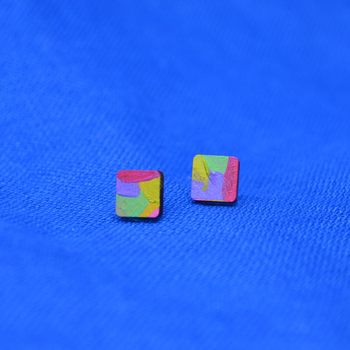 Hand Painted Wooden Stud Square Earrings 2