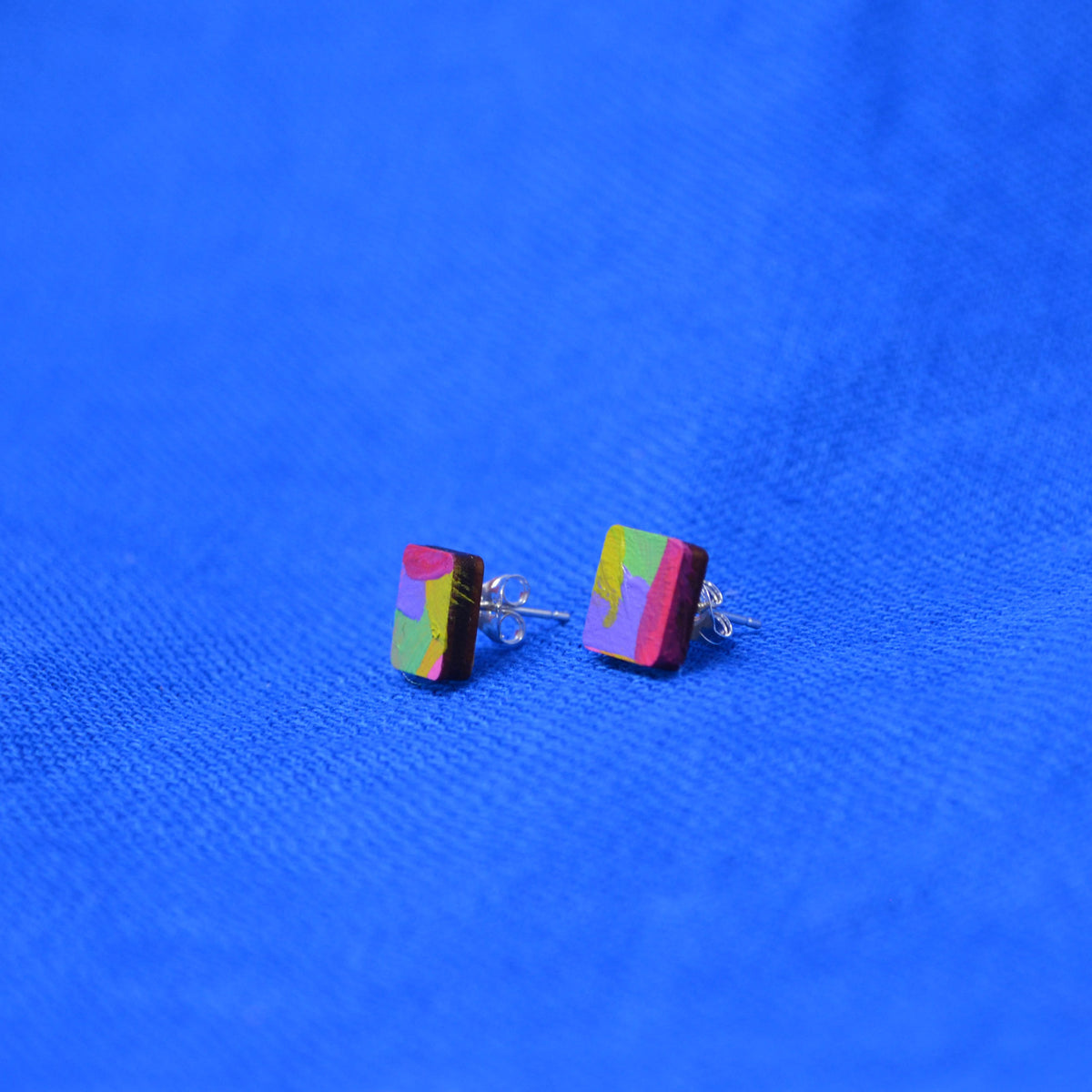 Hand Painted Wooden Stud Square Earrings 2