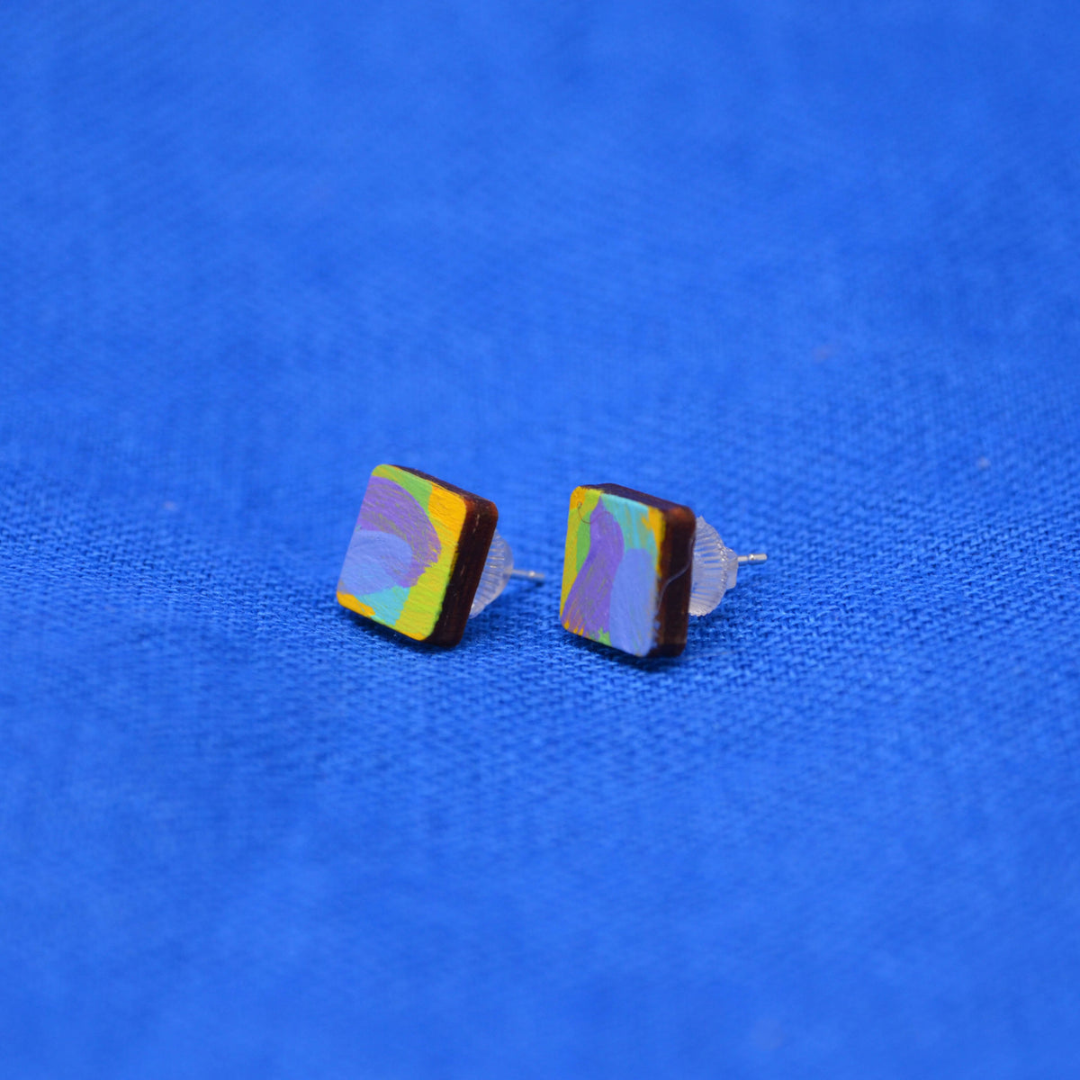 Hand Painted Wooden Stud Square Earrings 10
