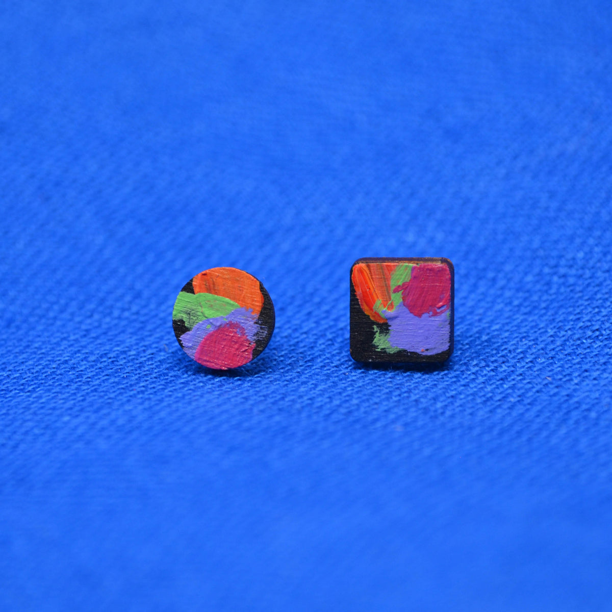 Hand Painted Wooden Stud Square and Circle Duo Earrings 1