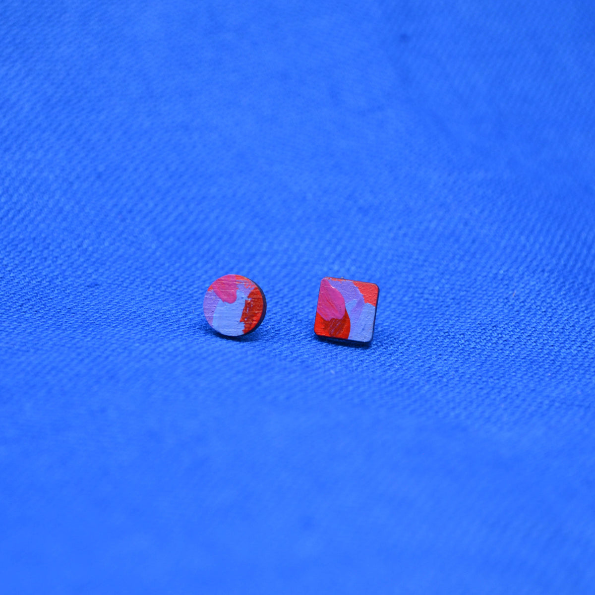 Hand Painted Wooden Stud Square and Circle Duo Earrings 3