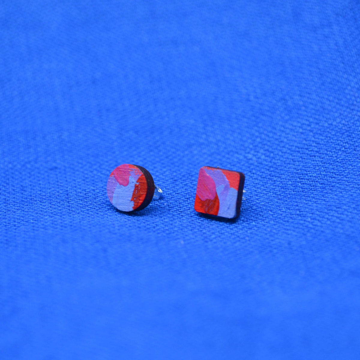 Hand Painted Wooden Stud Square and Circle Duo Earrings 3