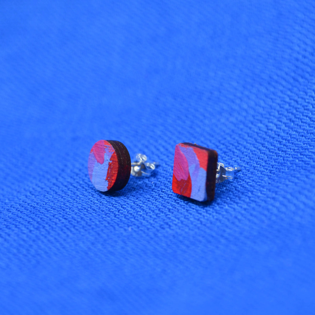 Hand Painted Wooden Stud Square and Circle Duo Earrings 3