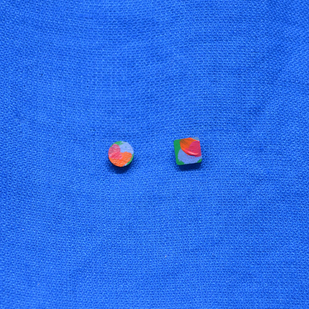 Hand Painted Wooden Stud Square and Circle Duo Earrings 2