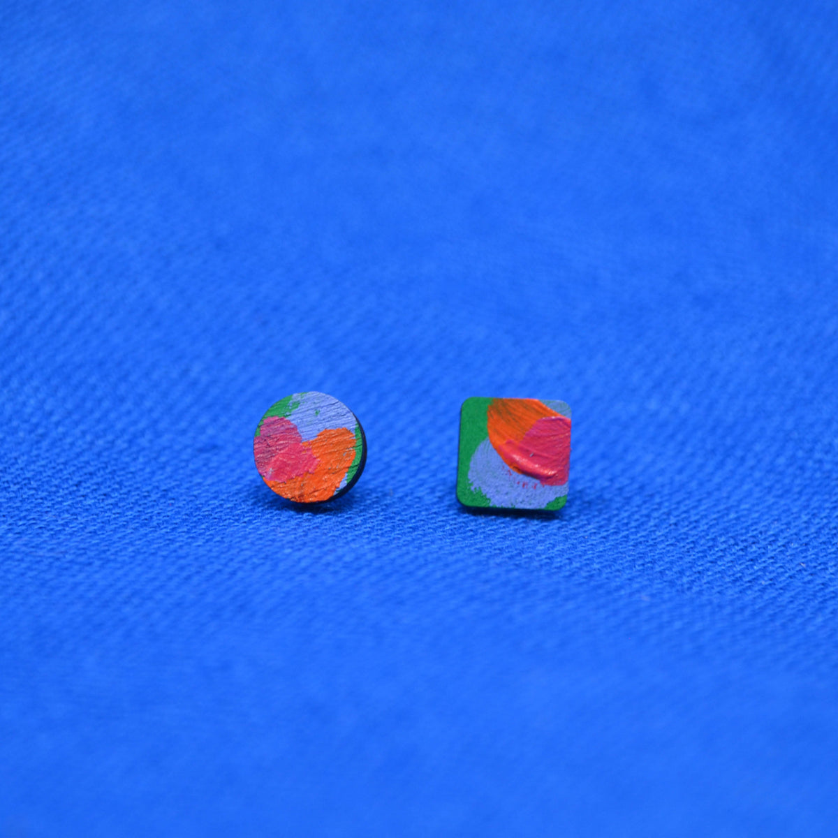 Hand Painted Wooden Stud Square and Circle Duo Earrings 2