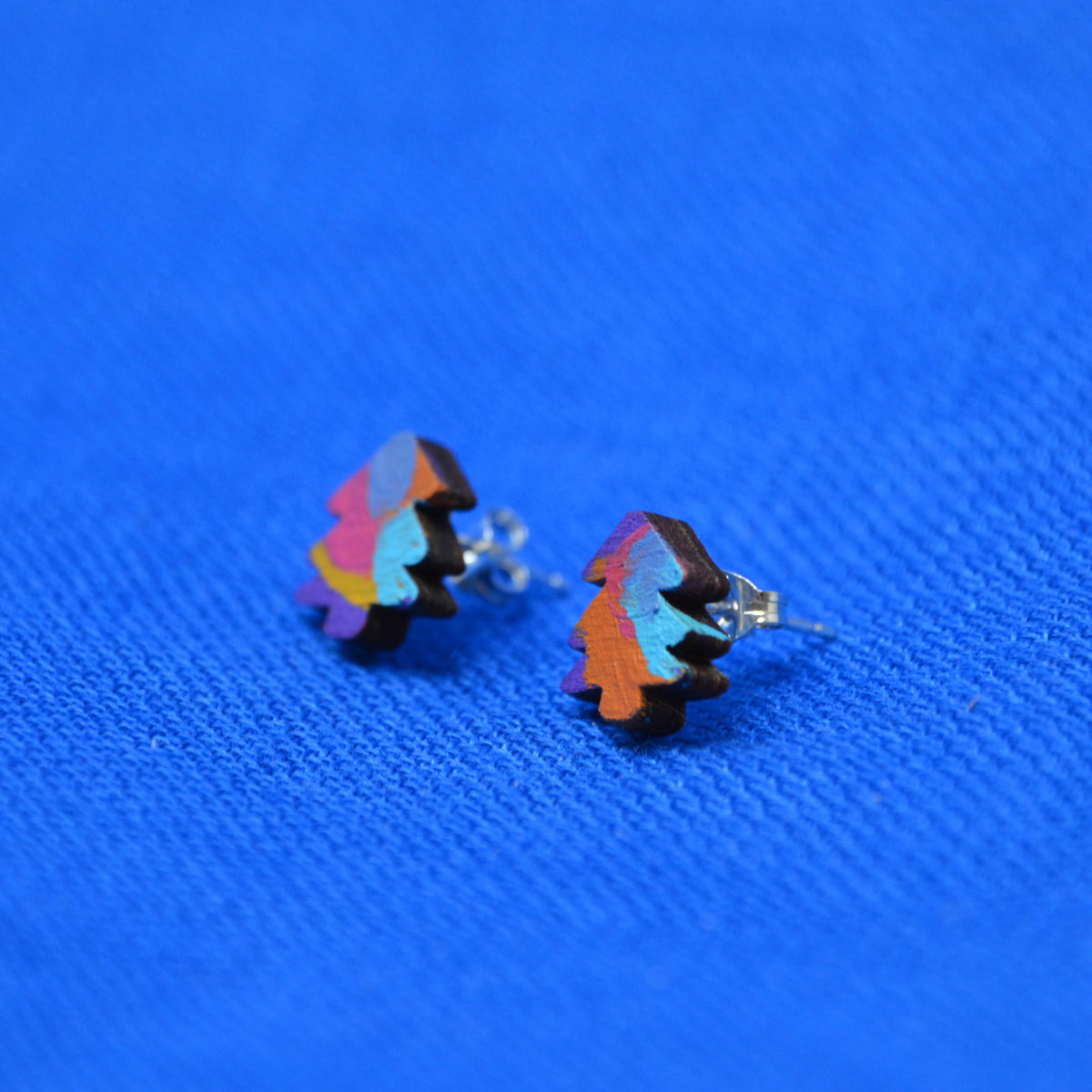 Hand Painted Wooden Mini Tree Stud Earrings 1